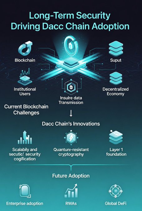 The image displays a diagram showing different elements associated with DAC Chain technology and its future adoption. These elements include data storage, blockchain technology, user input, and security protocols. The chart also presents a list of advantages for DAC Chain, such as its ability to decentralize information systems, provide secure data storage, protect the user's wallet from theft or manipulation, ensure accurate on-chain transactions, and make it resistant to evolving threats. The title "Long-term security is key to DAC’s future adoption." emphasizes the importance of long-term security for the successful development and implementation of DAC Chain technology in today's digital landscape.