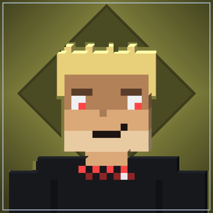 A pixel art portrait of a blonde character with red eyes, a dark shirt, and a red and black scarf, set against an olive green background.