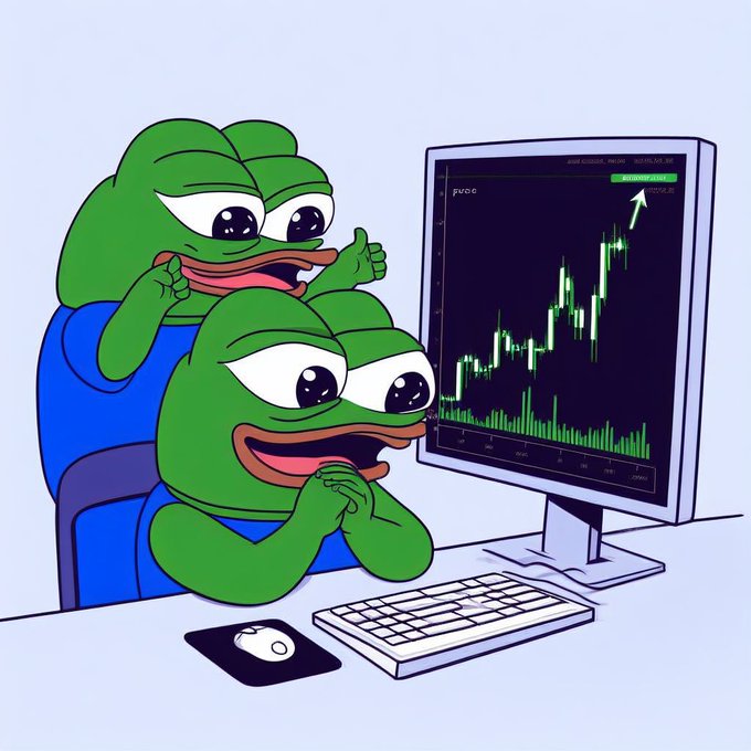 A cartoon illustration of two green Pepe-style frog characters excitedly watching a computer screen displaying a rising green stock/crypto trading chart.