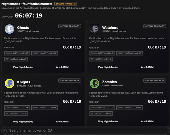 A screenshot of a webpage titled "Nightshades · four faction markets," displaying countdown timers and details for Ghosts ($GHST), Watchers ($WATCH), Knights ($KNIGHT), and Zombies ($ZMBI) ahead of a launch on Anvil AMM.