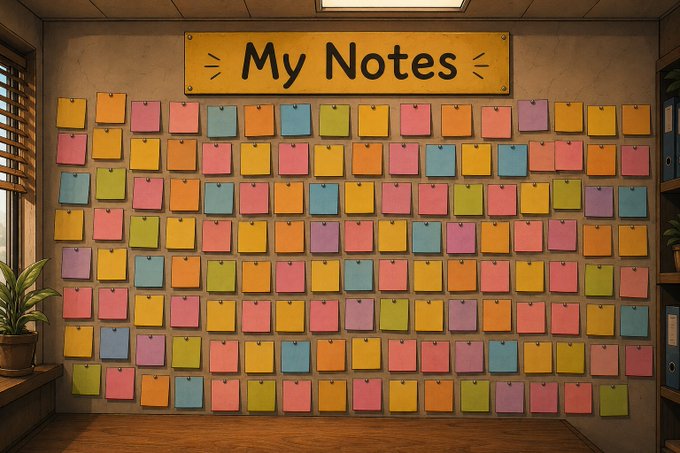 A whimsical illustrated wall titled 'My Notes' covered with rows of colorful sticky notes in yellow, pink, orange, green, and blue arranged in an office setting with bookshelves.