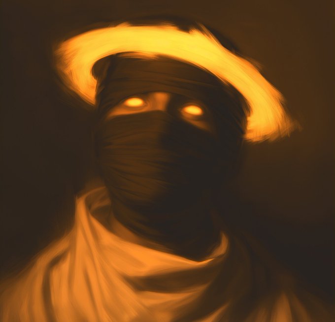 A dark, ominous painting shows a figure wrapped in bandages with glowing orange eyes and a bright golden halo in muted brown tones.