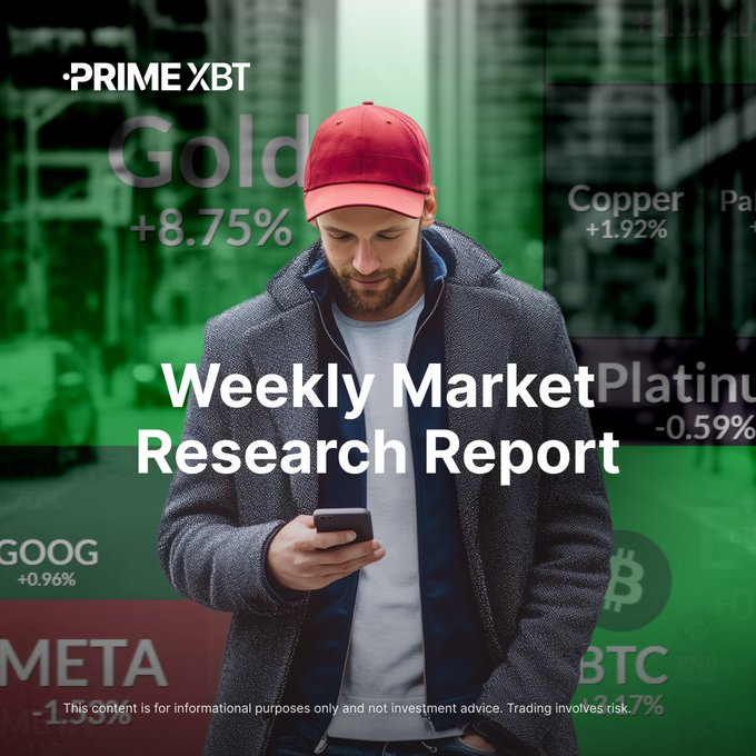 A man wearing a red cap and gray coat checks his smartphone in front of a green-tinted market data backdrop displaying PrimeXBT's "Weekly Market Research Report" with tickers like Gold (+8.75%), Copper (+1.92%), Platinum (-0.59%), META (-1.5%), GOOG (+0.96%), and BTC (+2.7%). The image visually reinforces the post's market analysis theme, with the trader and overlapping financial data symbolizing the active monitoring of crypto and stock movements highlighted in the report.
