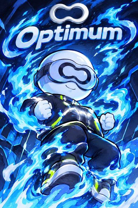 An anime-style illustration of the Optimum crypto mascot, a character in a futuristic helmet and outfit surrounded by blue energy flames.