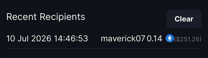 The image displays a "Recent Recipients" log showing a timestamp of "10 Jul 2026 14:46:53" with an entry for user "maverick07.0.14" who received ($251.26), accompanied by a "Clear" button. This serves as visual proof of the $250+ ETH transaction mentioned in the accompanying giveaway post for user @Mevrick78866670.