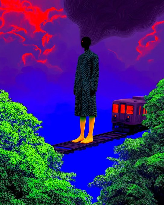 A surreal digital artwork depicts a tall, shadowy figure standing on train tracks above a forest, with a train behind them under a dramatic purple and red sky.