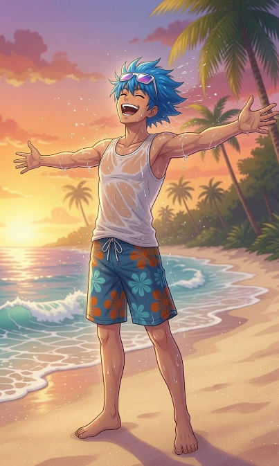 An anime-style character with blue hair and sunglasses on his head stands joyfully on a tropical beach at sunset, arms outstretched in celebration. The carefree, vibrant scene complements the post's message about discovering rewarding opportunities through simple daily habits, much like the character's blissful embrace of the moment.
