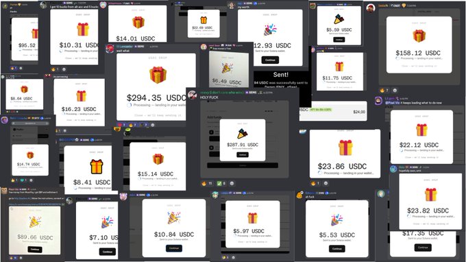 A collage of multiple screenshots showing PayBox airdrop claims in amounts ranging from $5.53 to $294.35 USDC, illustrating the free money distribution mentioned in the post where users connected their X and Gmail accounts to claim USDC rewards.