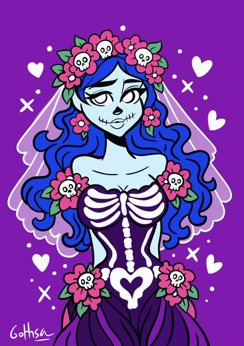 A colorful digital illustration of a blue-haired skeletal bride in a wedding dress decorated with flowers and skulls, set against a purple background with hearts and X's.