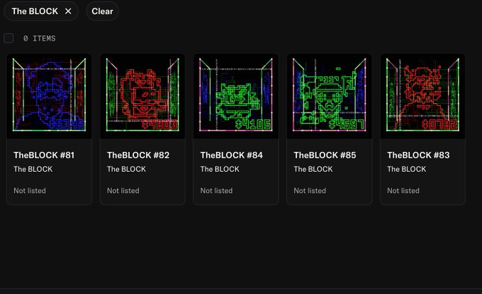 A dark-themed NFT marketplace interface displays five pixel-art thumbnails from "The BLOCK" collection, including items #81, #82, #84, #85, and #83, each marked as "Not listed" with a "0 ITEMS" counter visible at the top. The retro-style artwork features colorful neon pixel designs, including character-like figures and the numbers "285" and "2451" on some pieces, showcasing the newly minted digital collectibles by @bright_lightart.