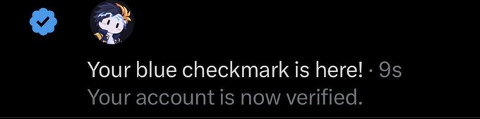 A notification confirms 'Your blue checkmark is here!' with the message 'Your account is now verified,' featuring an anime-style character avatar.