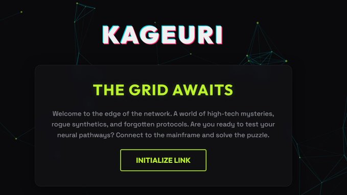 A dark-themed landing page with 'KAGEURI' in large white text, featuring 'THE GRID AWAITS' and an 'INITIALIZE LINK' button with cyberpunk styling.