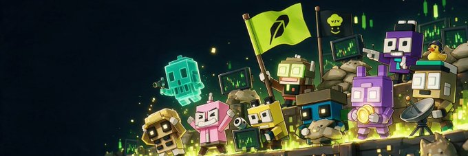 Digital illustration of cute blocky robot characters in various colors (pink, purple, teal, yellow) holding a green flag with an 'A' symbol, surrounded by green digital code/matrix effects and a small yellow rubber duck wearing a VR headset.