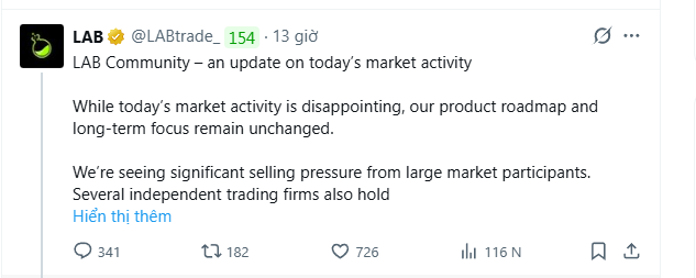 A tweet from LAB (@LABtrade_), a verified account, posted 13 hours ago, stating 'LAB Community – an update on today's market activity' and discussing disappointing market activity, significant selling pressure from large market participants, and noting that 'Several independent trading firms also hold Hiến thị thêm', with 341 comments, 182 retweets, 726 likes, and 116K views.