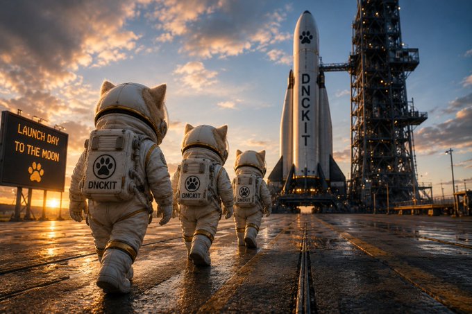 A digital artwork showing three small creatures in white space suits with paw print logos labeled 'DNCKIT' walking toward a rocket on a launch pad, with a billboard reading 'LAUNCH DAY TO THE MOON'.