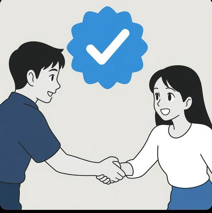 An illustration shows a man and woman shaking hands with a blue checkmark badge above them, symbolizing agreement or verification.