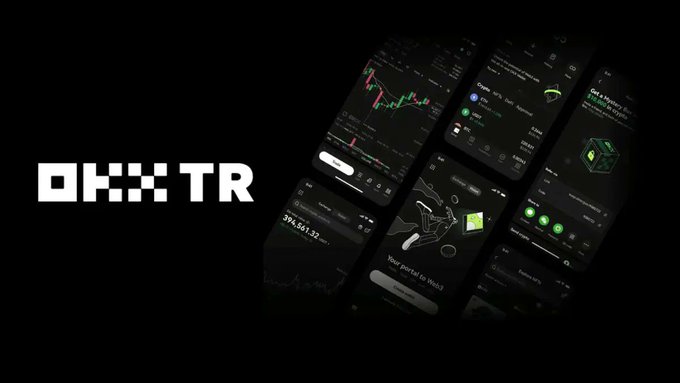 The image showcases the OKX TR logo and several screenshots of its cryptocurrency trading app, illustrating the platform's interface where new users can earn a 20% transaction refund coupon by completing their first trade.