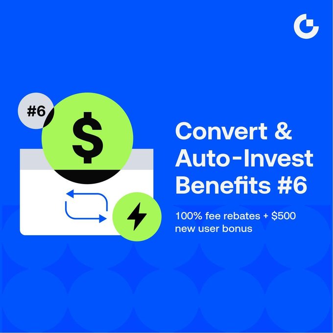 Gemini cryptocurrency exchange promotional graphic advertising "Convert & Auto-Invest Benefits #6" with 100% fee rebates plus a $500 new user bonus.