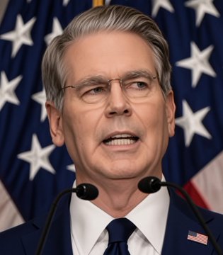 Treasury Secretary Scott Bessent speaks at a podium in front of an American flag backdrop. The image accompanies the breaking news of his statement regarding expectations for Japan and the Bank of Japan to intervene in strengthening the yen, citing information he claims the market does not have.