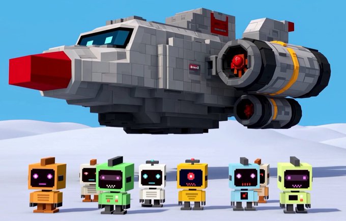 A 3D voxel-style spaceship with red accents hovering over a snowy landscape, accompanied by seven small, colorful robot characters below it.