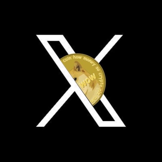 A gold coin reading "coin how money so crypto me" and "WOW" sits against a black background, framed by a large white "X." The image appears to reference Dogecoin, with the "X" symbol suggesting its forthcoming integration into the X (formerly Twitter) platform.