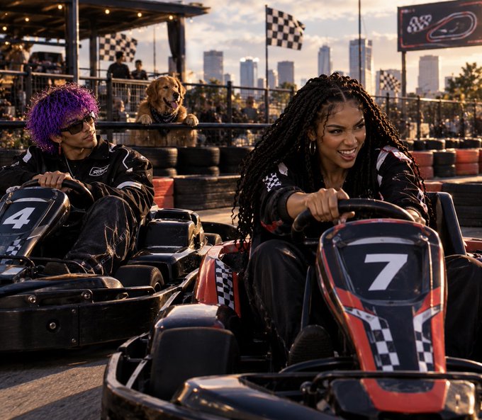 Two people wearing black racing suits are seated in go-karts, smiling; one kart displays the number 7, and a dog watches from the background at this outdoor track.