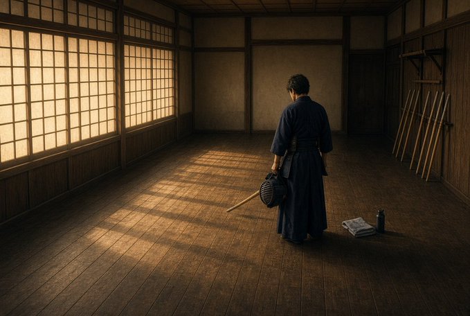 A person in traditional Japanese attire stands in a wooden dojo with shoji screens, holding a wooden sword and wearing a fencing mask, with bamboo training swords leaning against the wall.