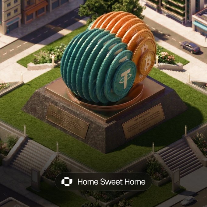 A 3D-rendered image of a large monument featuring stacked oversized coins in green and orange (resembling Tezos and Bitcoin cryptocurrencies) on a pedestal in a grassy plaza, with a 'Home Sweet Home' button at the bottom.
