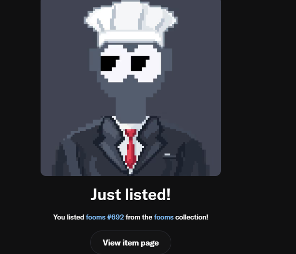 A notification screen showing a pixel art chef character with the text 'Just listed! You listed fooms #692 from the fooms collection!'