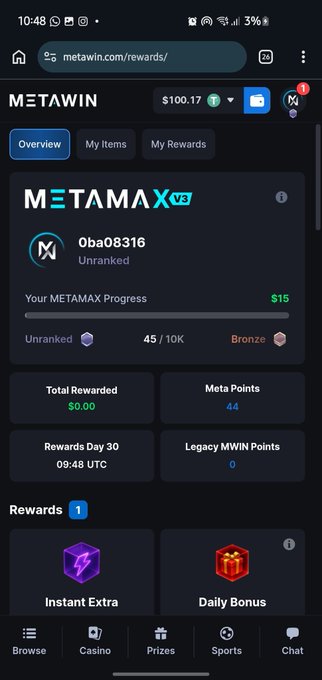 A mobile screenshot of the 'METAWIN' rewards page showing a balance of $100.17, METAMAX progress for user 'Oba08316', and various reward options.