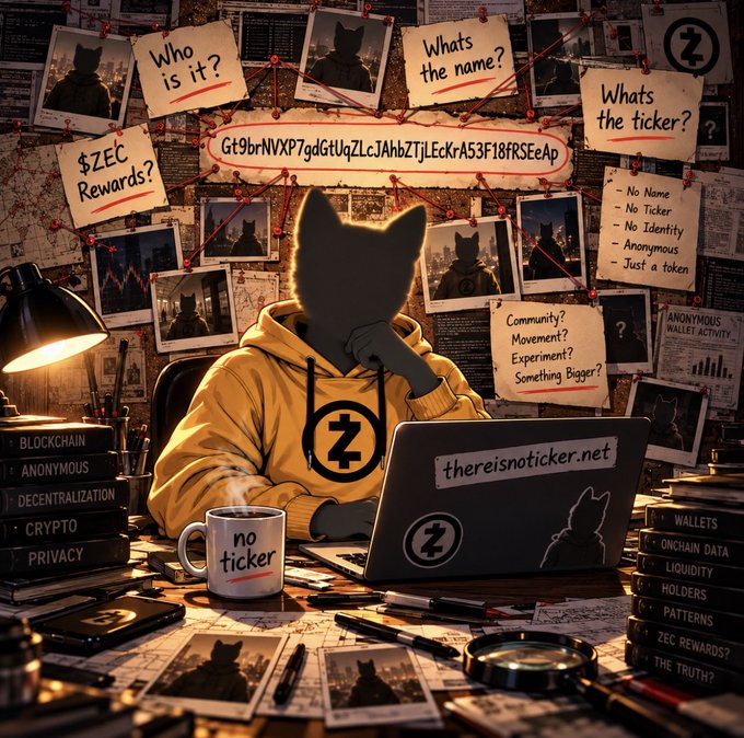 An investigative scene shows a silhouetted cat investigator at a desk with a laptop displaying 'thereisnoticker.net', surrounded by sticky notes asking 'Who is it?', 'Whats the name?', and 'Whats the ticker?', along with a wallet address and notes about ZEC, anonymity, and the $ZEC token.