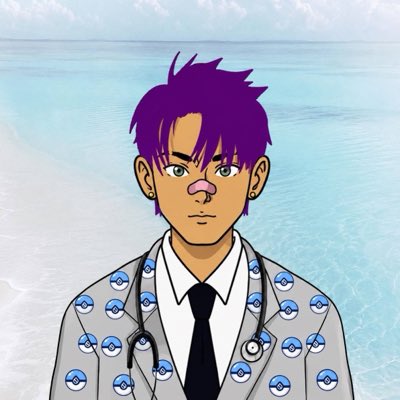 An animated character with purple hair, a nose bandage, and a stethoscope around his neck wears a lab coat patterned with Poké Balls against a beach backdrop.