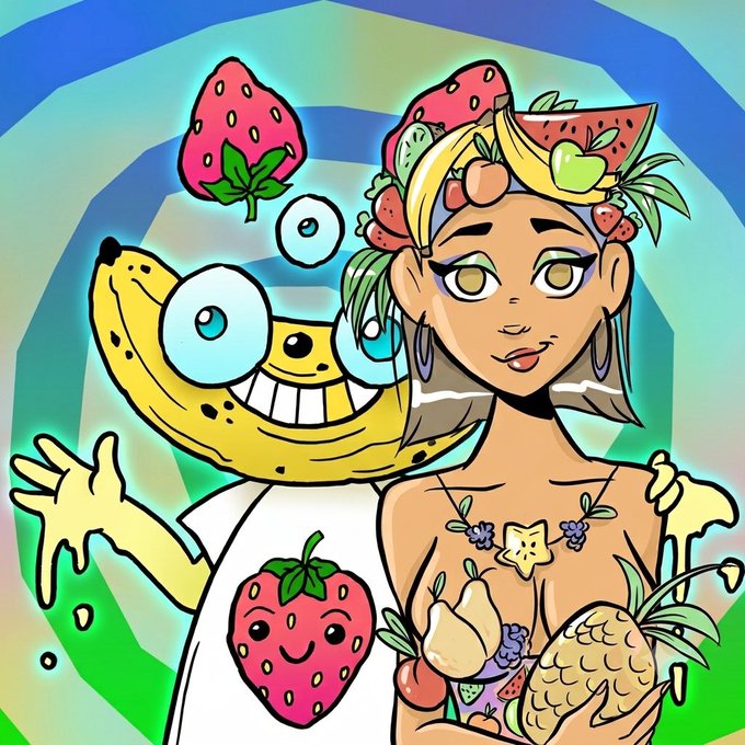 A colorful cartoon illustration features a banana character and a woman adorned with fruit motifs, playfully reflecting the post's theme of staying hydrated with fruit.