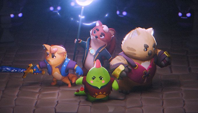 Four animated animal characters—a bear with a staff, a fox with a sword, a green lizard-like creature, and a panda-like figure—standing together in a dimly lit scene.