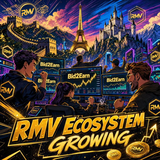 A vibrant promotional graphic for 'RMV ECOSYSTEM GROWING' featuring people at trading screens showing 'Bid2Earn' charts, with landmarks like the Great Wall, Eiffel Tower, and a castle in the background, plus RMV logos and gold coins.