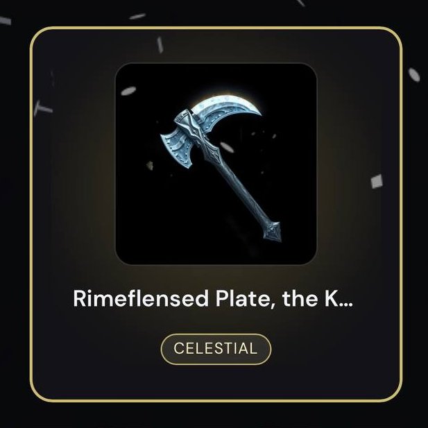 A game item display showing a 'Rimeflensed Plate' weapon with the rarity tag 'CELESTIAL'.