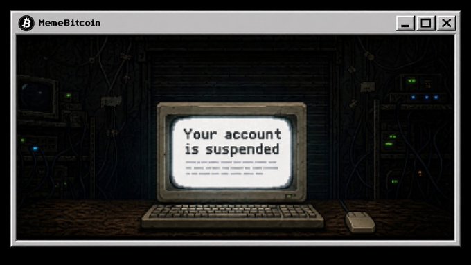The image shows a retro-styled computer window titled "MemeBitcoin" displaying an old CRT monitor with the text "Your account is suspended" on the screen, visually illustrating the account suspension issue mentioned in the post. This graphic serves as a visual representation of the X account suspensions that community members are experiencing, which the team is actively addressing internally.