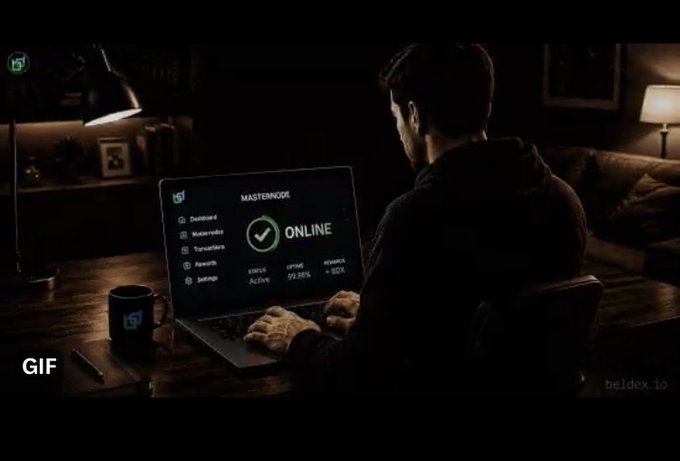 A man sits in a dark room using a laptop that displays a 'MASTERNODE ONLINE' screen from beldex.io, with a coffee mug beside him.