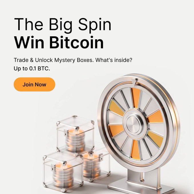 A promotional banner for Bybit's "The Big Spin Win Bitcoin" campaign featuring a metallic prize wheel and stacked coin-filled mystery boxes, advertising the chance to win up to 0.1 BTC by trading and unlocking mystery boxes.