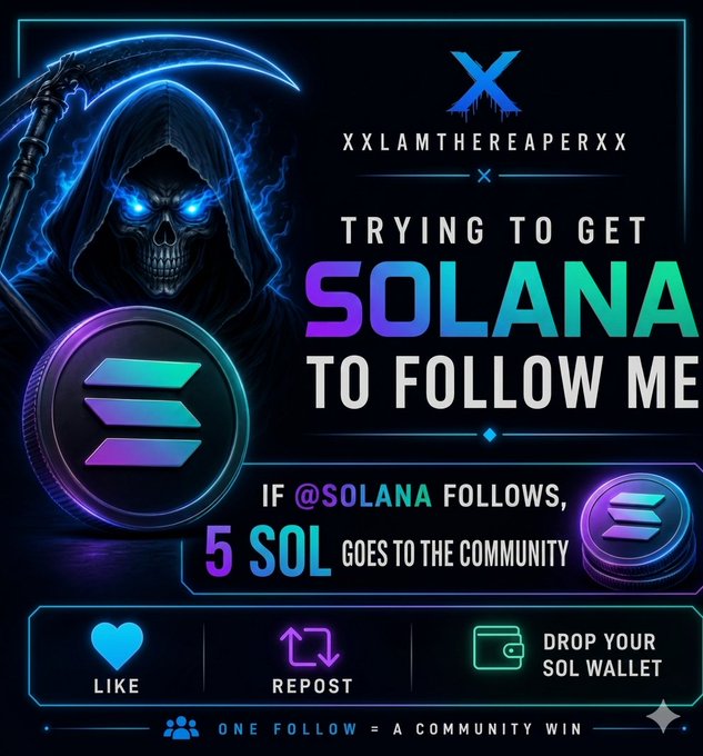 The image features a poster or flyer promoting a social media challenge called "Day 6 of trying to get @solana to follow me If they follow, I'm giving away $SOL to the community To support: - Like, repost - - - - - - - - - - - - - - - - - - - - - - - - - - - - - - -