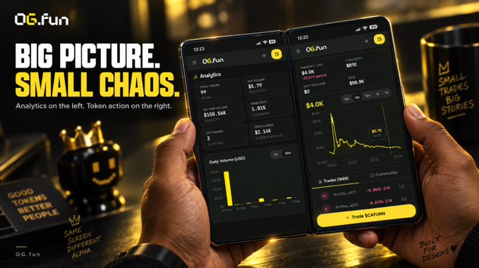 A promotional image for OG.fun displaying two smartphones with the tagline 'BIG PICTURE. SMALL CHAOS.' and text including 'Analytics on the left. Token action on the right.', 'GOOD TOKENS BETTER PEOPLE', and 'Trade SCATURN!'.