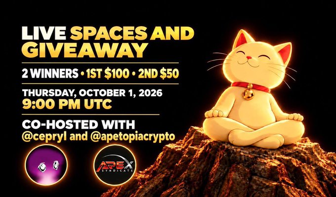 A promotional graphic for a "Live Spaces and Giveaway" event co-hosted with @cepryl and @apetopiacrypto, taking place October 1, 2026 at 9:00 PM UTC, featuring a smiling Maneki-neko (lucky cat) sitting on a rock against a dark background. The image highlights two prizes—1st place $100 and 2nd place $50—with APEX Syndicate and another purple logo displayed at the bottom.
