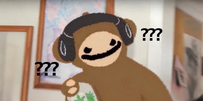 A cartoon meme of a brown monkey/bear character wearing black headphones holding a marijuana leaf, surrounded by '???' question marks in a confused expression.