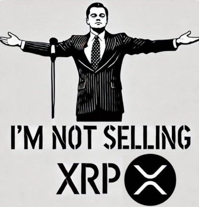 A black-and-white parody meme featuring Leonardo DiCaprio in 'The Wolf of Wall Street' with arms outstretched, captioned 'I'M NOT SELLING XRP' with the XRP logo.