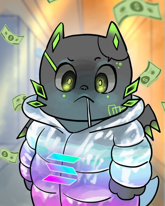 An illustration of a small, dark grey, dragon-like creature wearing a shiny, iridescent puffer jacket, surrounded by floating green dollar bills.