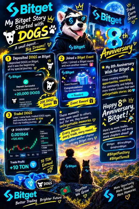 Bitget 8th Anniversary promotional graphic titled 'My Bitget Story Started with DOGS', detailing a user journey involving DOGS token deposits and trading on the Bitget exchange, with hashtags #BitgetFanStory and #BitgetTurns8.