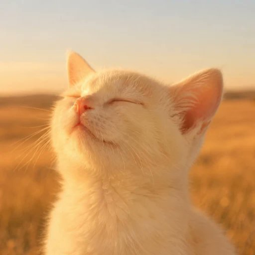 A close-up of a white cat with closed eyes, basking in warm golden sunlight against a blurred background of a field and sky.