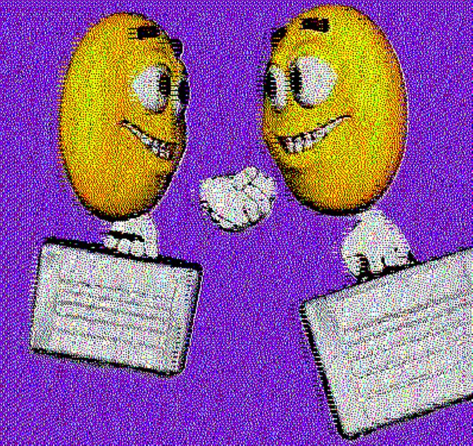 Two wide-eyed yellow emoji characters perform a fist bump while holding briefcases against a noisy purple background, with no visible text in the image. The accompanying caption about 3,942,949 Solana wallets reclaiming lost SOL suggests the image symbolizes a successful reunion or recovery of crypto assets.