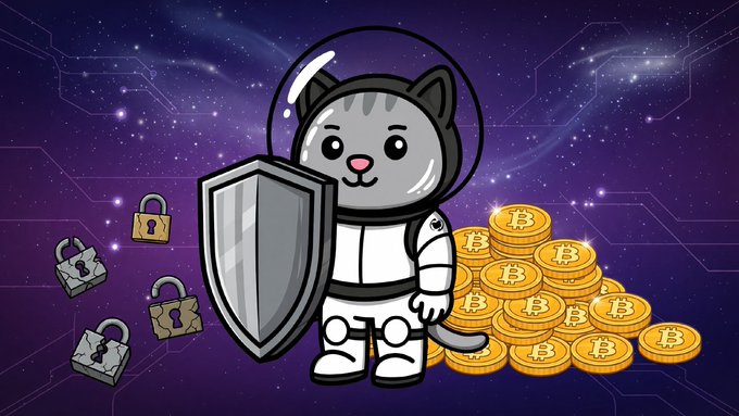 Cartoon illustration of a gray cat wearing a white astronaut suit and holding a shield, standing next to a pile of gold Bitcoin tokens and cracked padlocks against a purple cosmic background.