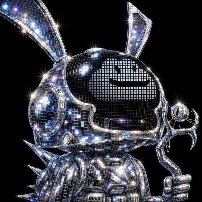 A highly detailed, shiny silver disco-ball style illustration of a robot character with long ears, holding a mechanical staff.